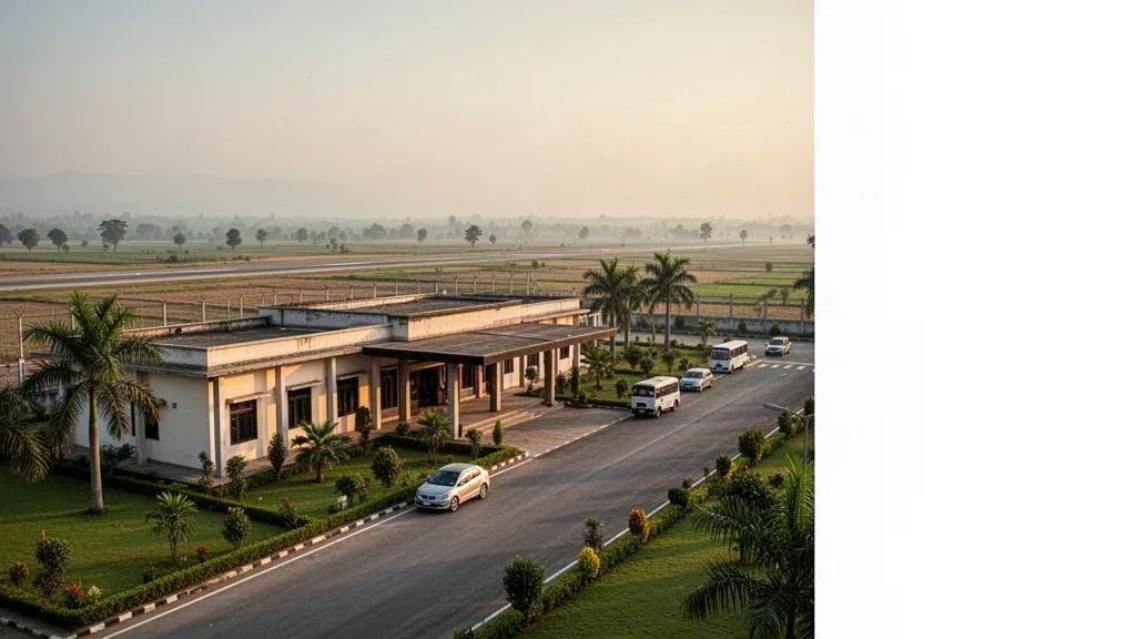 Kleines regionales Terminal und Ausstiegsspur am Rajbiraj Airport in der Terai-Ebene Nepals bei warmem Licht am späten Nachmittag.