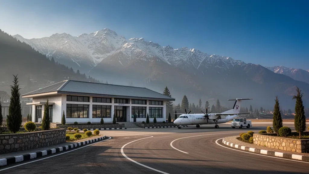 Regionaler Flughafenterminal und Vorfeld in Rajouri am Fuße des Pir Panjal in Jammu und Kashmir bei klarem Morgenlicht.