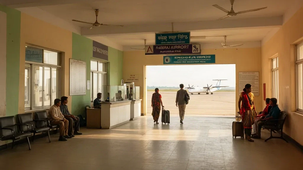 Nepal'deki Rajbiraj Havalimanı terminalinin içi, parlak gün ışığı altında check-in yapan yolcularla birlikte