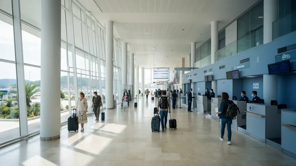 Bright modern interior of Rijeka Airport terminal on Krk Island, Croatia, with travellers and luggage in the departure hall.