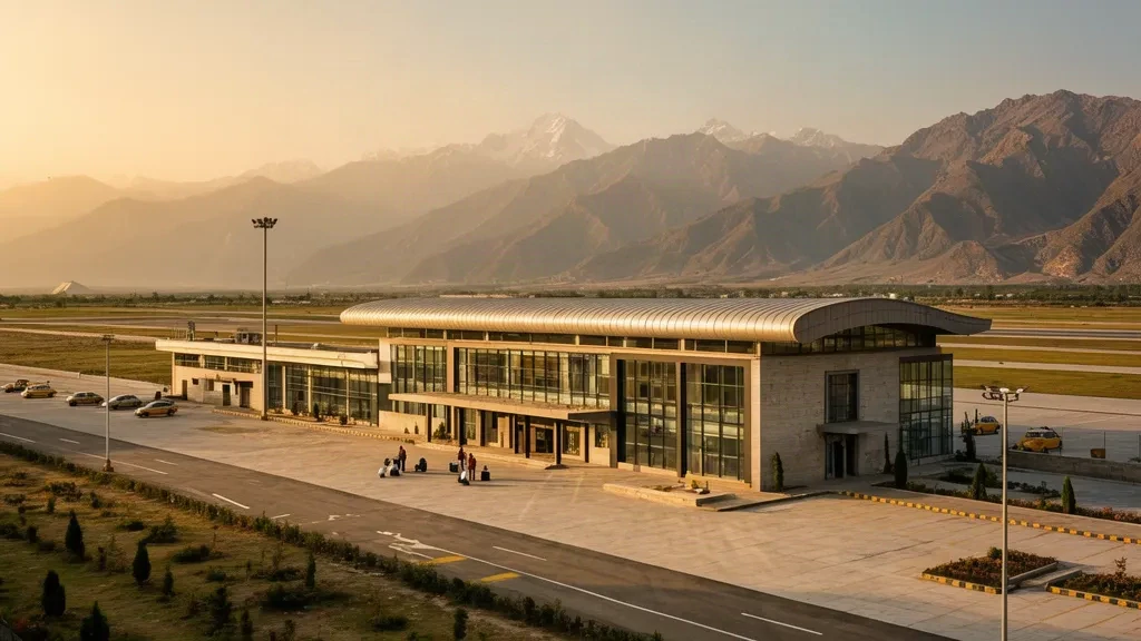 Altın saatte Himalaya eteklerine karşı Hindistan'ın Jammu ve Keşmir eyaletindeki Rajouri Havalimanı RJI terminalinin dış görünümü.