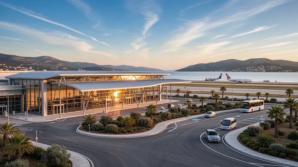 Terminal moderna de cristal y carriles de bajada en el aeropuerto de Rijeka, en la isla de Krk, Croacia, iluminados en la hora dorada con el paisaje del Adriático al fondo.