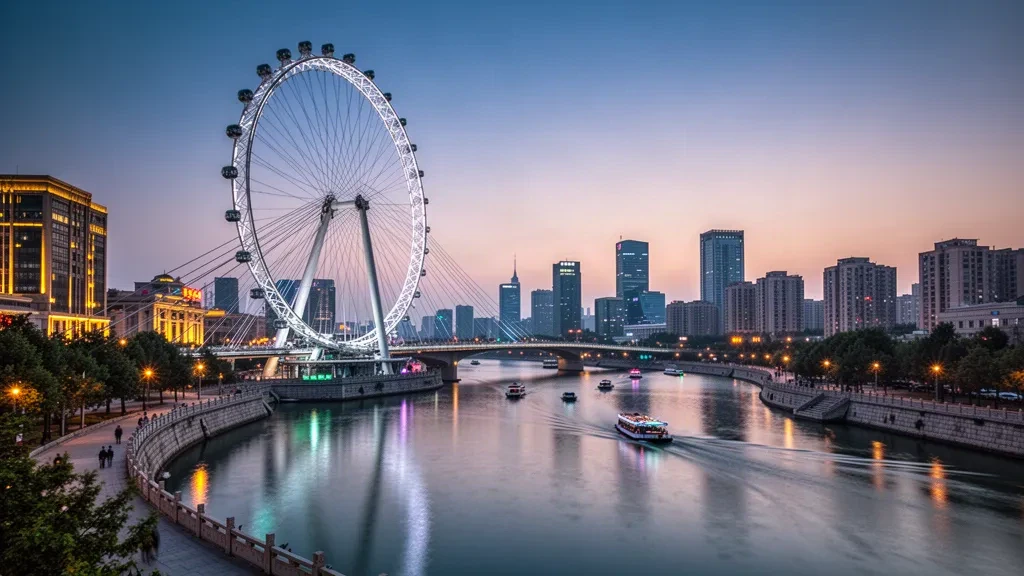 Tianjin Eye Ferris wheel spanning the Haihe River at dusk, with the illuminated city skyline glowing behind it in northern China