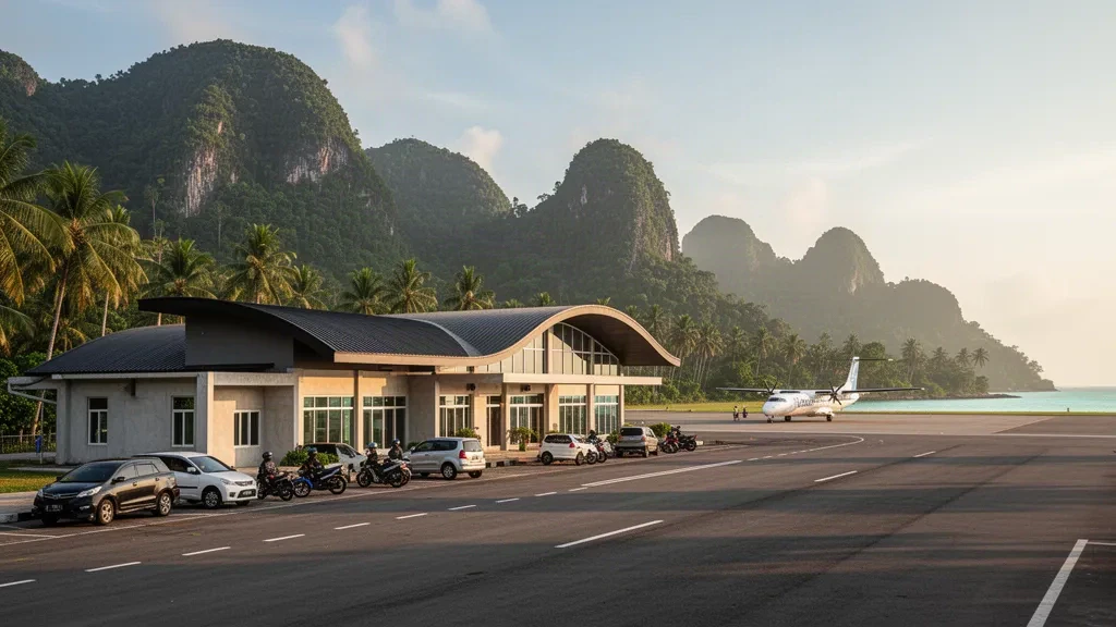 Terminal del Aeropuerto de Marinda en Waisai, Raja Ampat, con colinas tropicales, palmeras y un avión turbohélice en la plataforma bajo una luz cálida