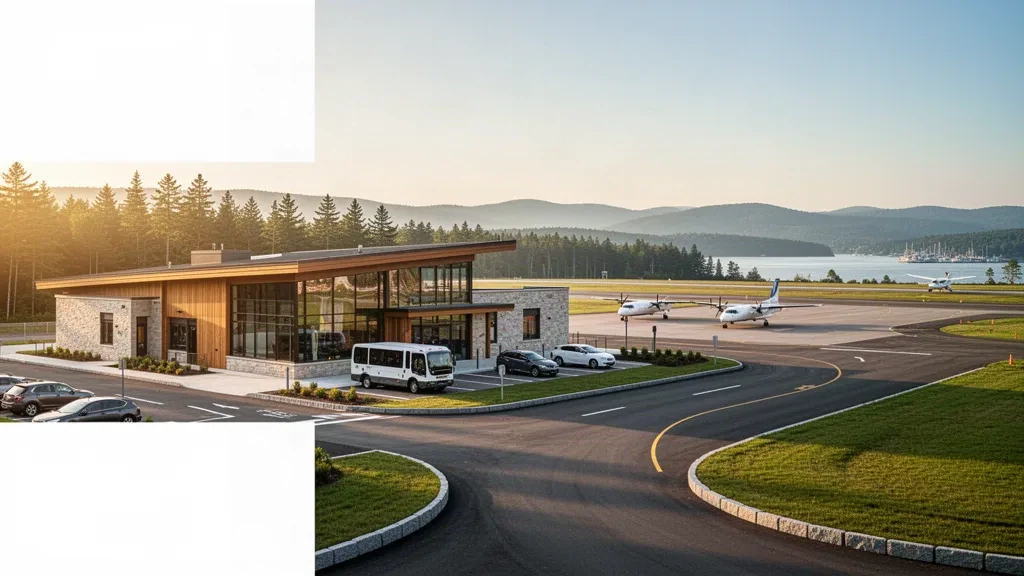Owls Head, Maine'deki Knox County Regional Havalimanı'nda altın saatlerde parlayan modern terminal ve yolcu indirme şeridi.