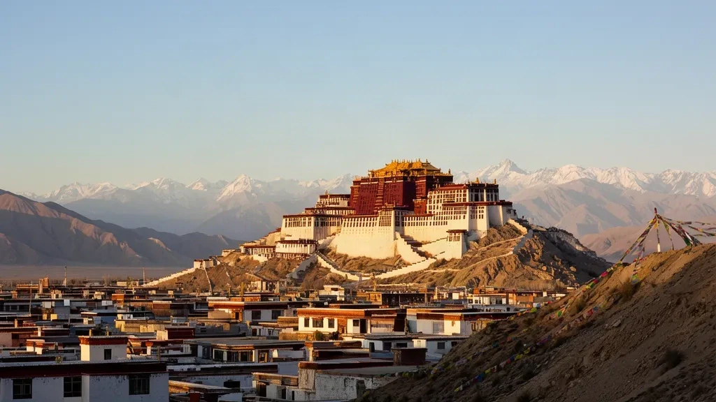 Potala Palace above Lhasa old town rooftops with Himalayan foothills at golden hour, a premium Tibet travel destination view