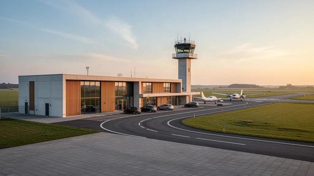 Danimarka'daki Kopenhag Roskilde Havalimanı'nda altın saatte modern alçak terminal, kontrol kulesi ve apron