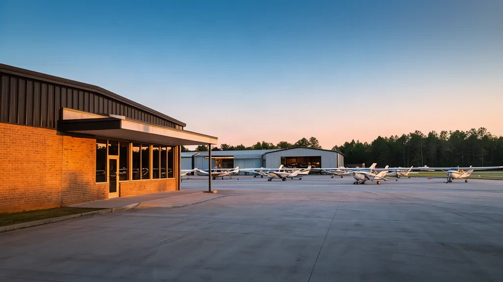 Terminal d'aviation générale, hangars et aéronefs légers sur le tarmac à l'aéroport de Rock Hill-York County en Caroline du Sud