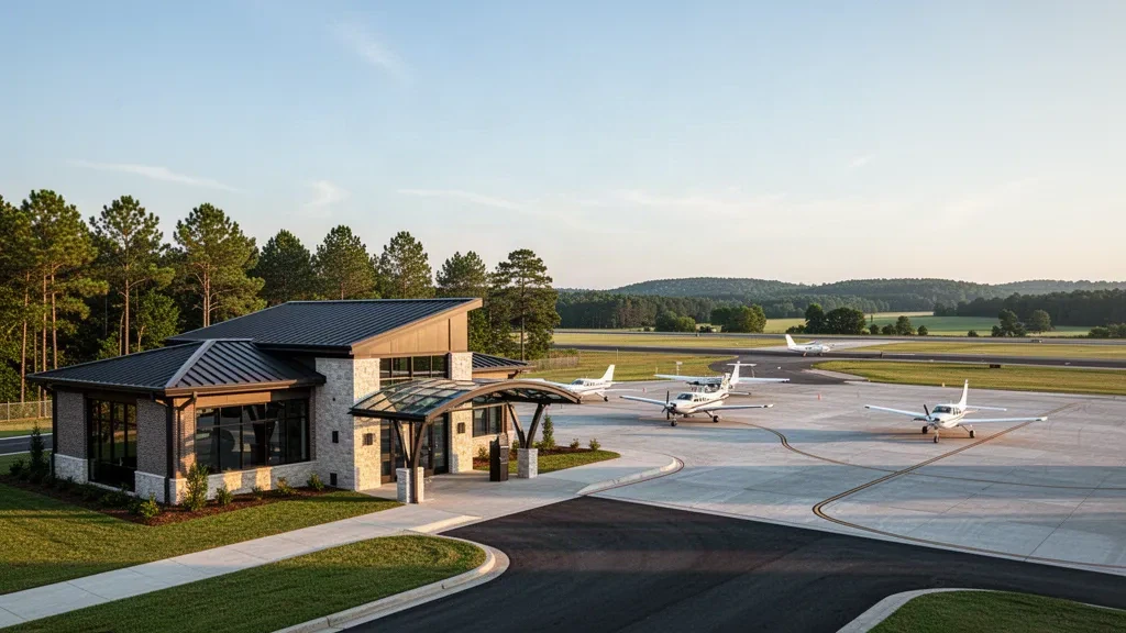 Terminal moderno e piazzale aeromobili all'Aeroporto Rock Hill-York County in South Carolina durante una calda luce dorata