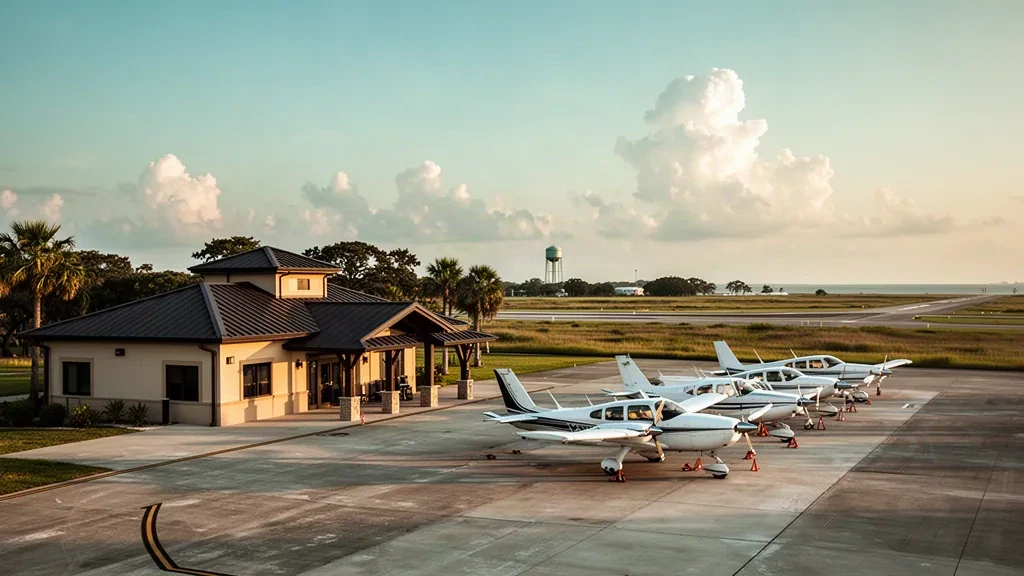 Terminal d'aviation générale et aire de stationnement des aéronefs à l'aéroport du comté d'Aransas à Rockport, au Texas, éclairés par la lumière chaude de fin d'après-midi de la côte du Golfe.
