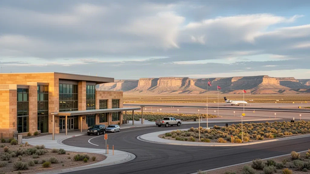 Modern glass terminal and curbside drop-off lanes at Southwest Wyoming Regional Airport near Rock Springs under a wide high-desert sky