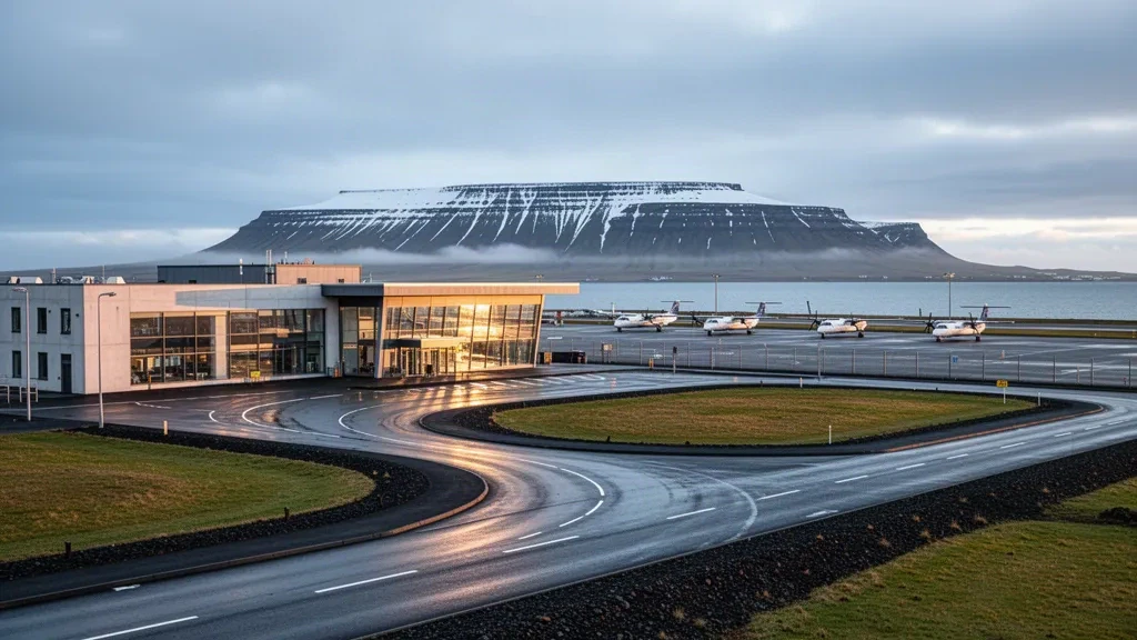 Reykjavík Domestic Airport terminal and apron in Vatnsmýri, Iceland, with Mount Esja behind under golden-hour Nordic light.