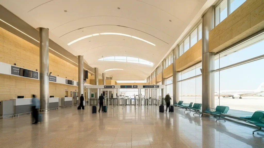 Intérieur lumineux du hall de départ de l'aéroport international de Ras Al Khaimah avec comptoirs d'enregistrement, plafond courbé et lumière du jour du désert à travers les fenêtres du terminal