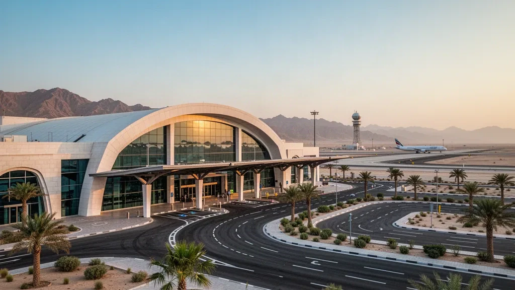 Ras Al Khaimah Uluslararası Havalimanı'nda modern kemerli terminal cephesi ve altın saatlerde çöl etekleriyle yol kenarı bırakma şeritleri