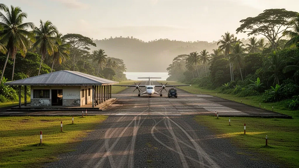 Petit terminal tropical et piste en herbe à l'aéroport de Kairuku en Papouasie-Nouvelle-Guinée sous une lumière chaude d'après-midi