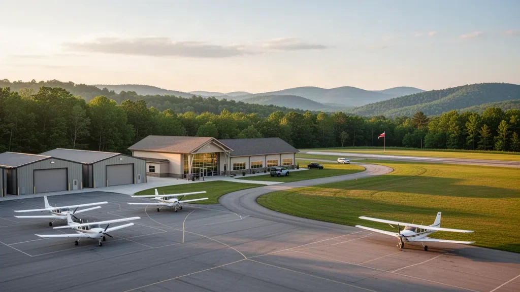 Petite aire de stationnement d'aviation générale, hangars et bâtiment terminal à l'aéroport municipal de Rockwood dans le Tennessee sous une douce lumière de fin d'après-midi