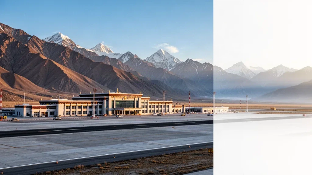 Modern terminal and runway at Xigaze Peace Airport in Shigatse, Tibet, framed by Himalayan mountains under clear high-altitude light.