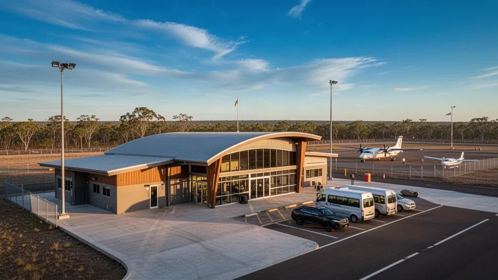 Blick zur goldenen Stunde auf das niedrige regionale Terminal des Flughafens Rokeby, die Bringspur und Flugzeuge auf dem Vorfeld unter einem weiten Himmel im Norden von Queensland.