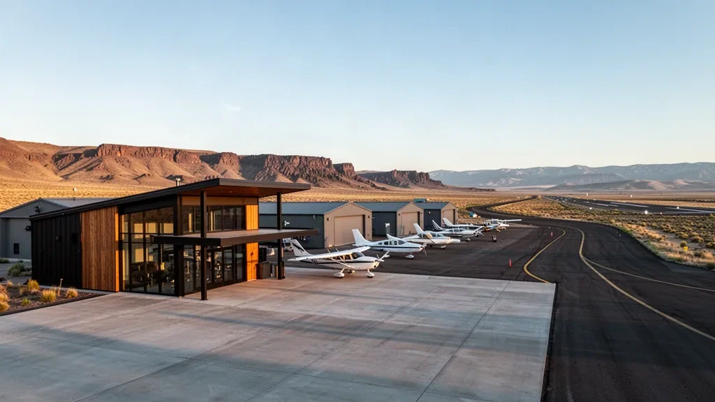 Small general aviation terminal, apron and taxiway at Richland Airport in Washington under warm golden-hour light