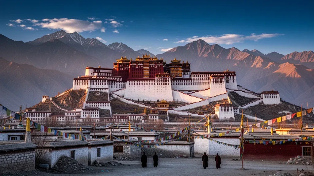 El Palacio de Potala elevándose sobre Lhasa, Tíbet, con luz cálida del final de la tarde y las crestas del Himalaya al fondo