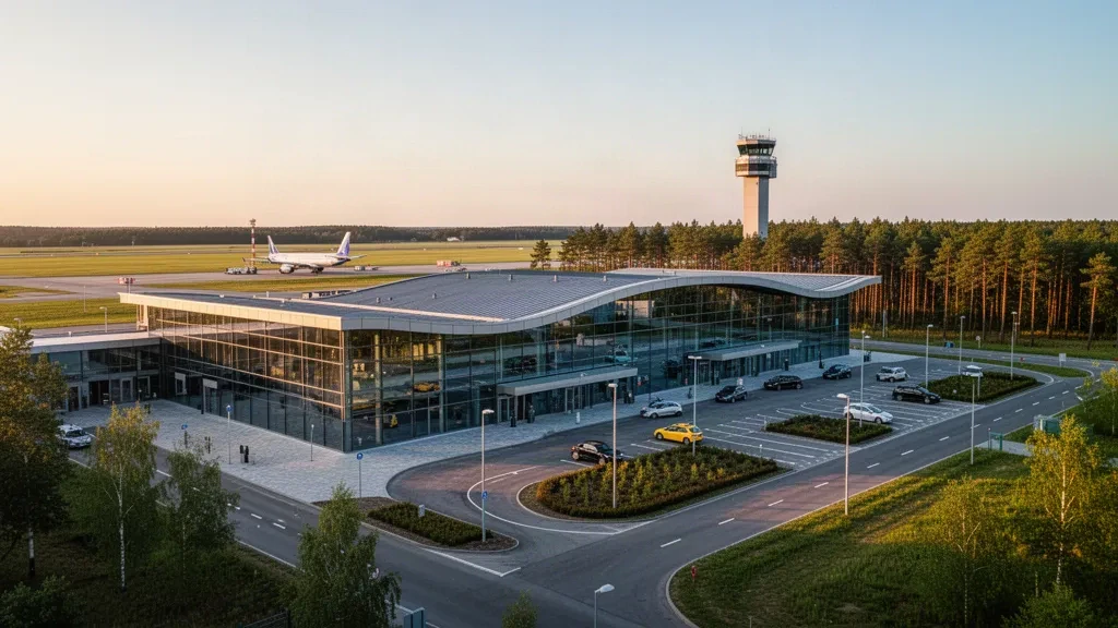 Terminal moderna de cristal y zona de descenso en el aeropuerto de Rostock-Laage en Alemania, con cielo abierto para las superposiciones de la página de viajes.