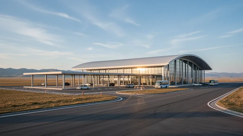 İç Moğolistan'daki Bayannur Tianjitai Havalimanı'nda gün batımında modern cam terminal binasının dış cephesi ve yolcu indirme şeritleri