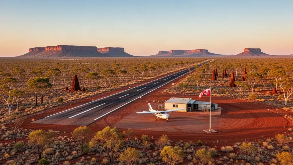 Vue aérienne de la piste de l'aéroport de Rosella Plains dans l'arrière-pays du Queensland à l'heure dorée, avec un petit avion et un paysage de savane ouvert.