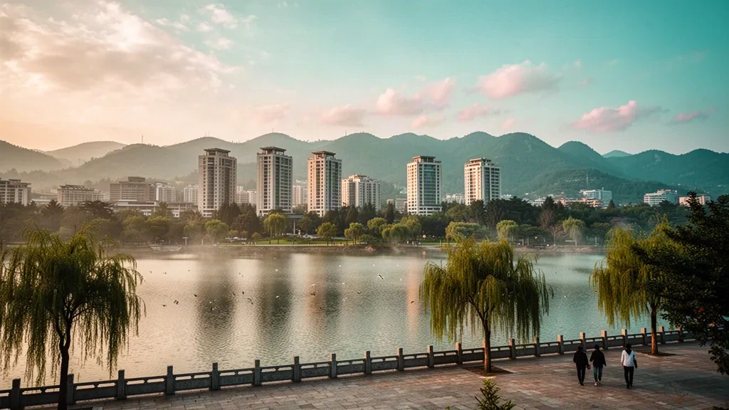 Kunming skyline at golden hour across Dianchi Lake with the Western Hills of Yunnan, China in the background