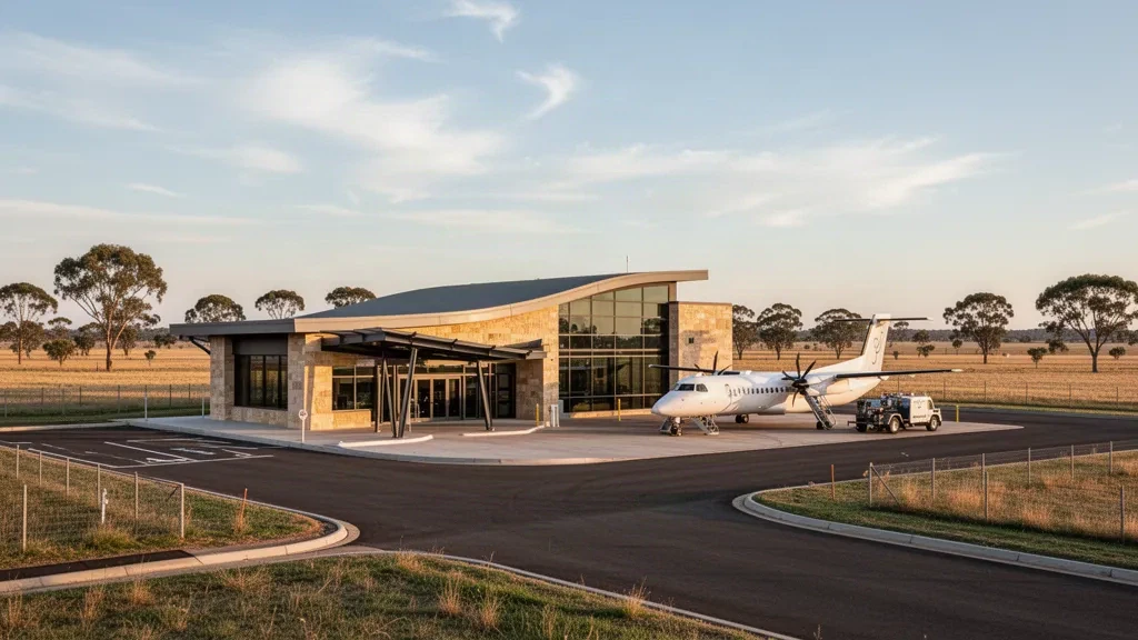Terminal regional y plataforma del Aeropuerto de Roma en Queensland, Australia, con una aeronave turbohélice bajo la cálida luz de la tarde