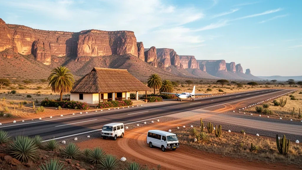 Kleine Landebahn am Flughafen Relais de la Reine in Madagaskar, mit einem Terminal mit Reetdach und den Sandsteinfelsen des Isalo zur goldenen Stunde