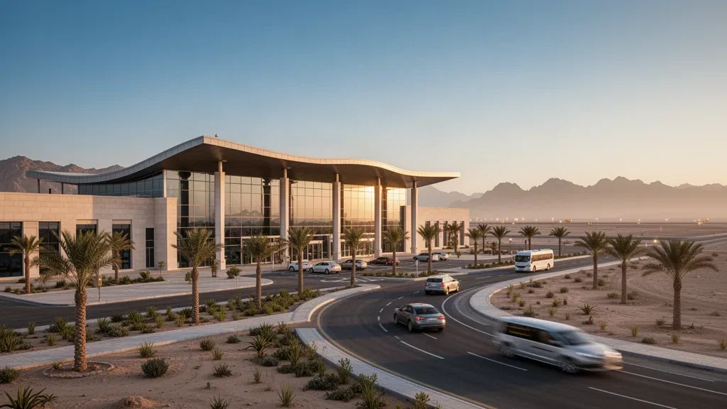 Modern terminal exterior and drop-off lane at Buraimi Airport in Oman at golden hour, with desert mountains behind
