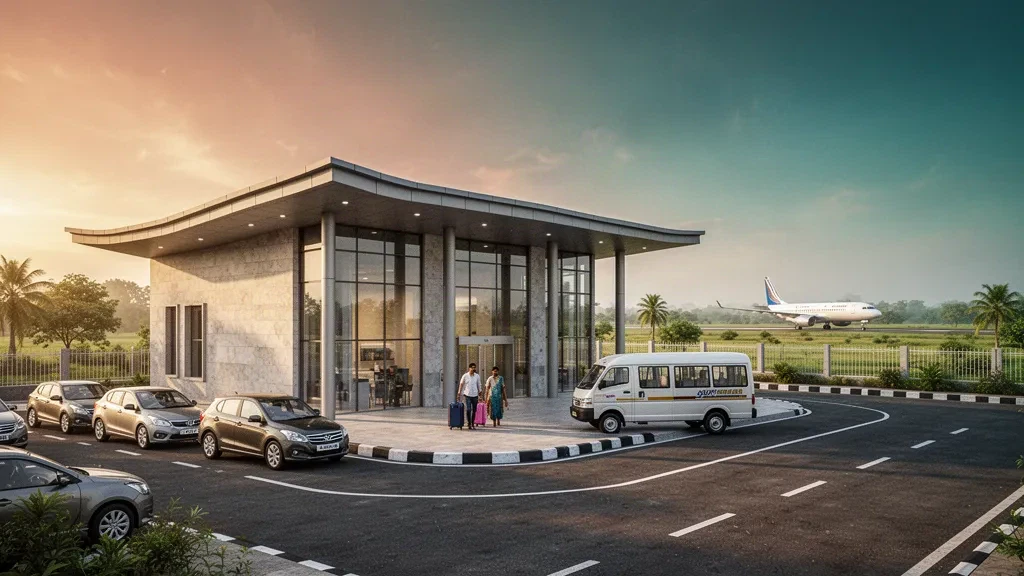 Terminal moderne en verre et voie de dépose à l'aéroport de Basanth Nagar à Ramagundam, Telangana, sous une chaude lumière dorée