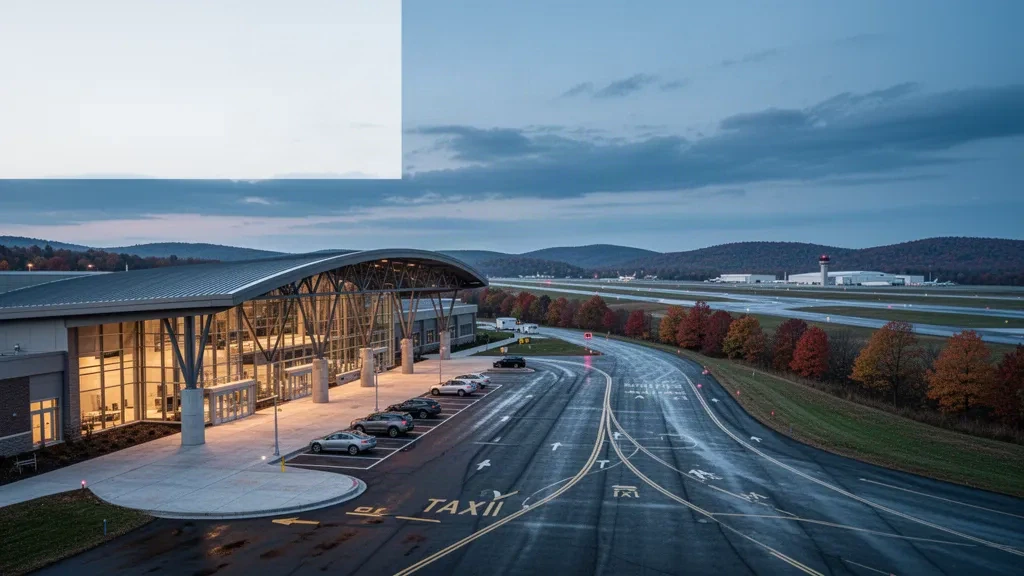 Modern glass terminal building and drop-off lane at Griffiss International Airport in Rome, New York, at dusk with a long runway beyond