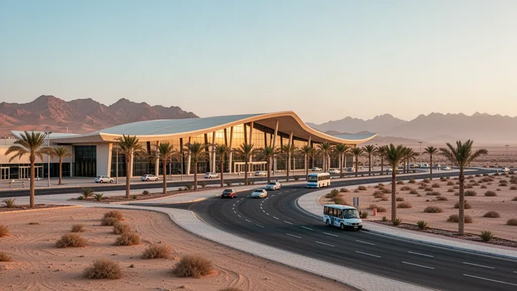 Terminal moderno con vetrate e corsia di sosta alberata con palme all'Aeroporto Internazionale di Marsa Alam, nel deserto del Mar Rosso egiziano, durante l'ora d'oro
