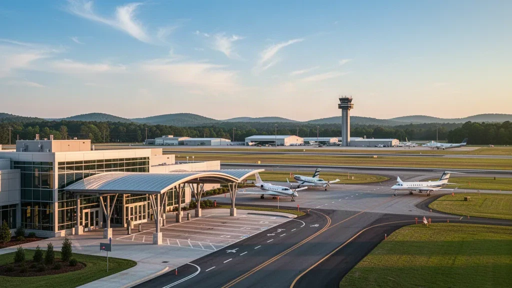 Modern terminal and runway at Richard B. Russell Airport in Rome, Georgia, with aircraft and golden-hour light.