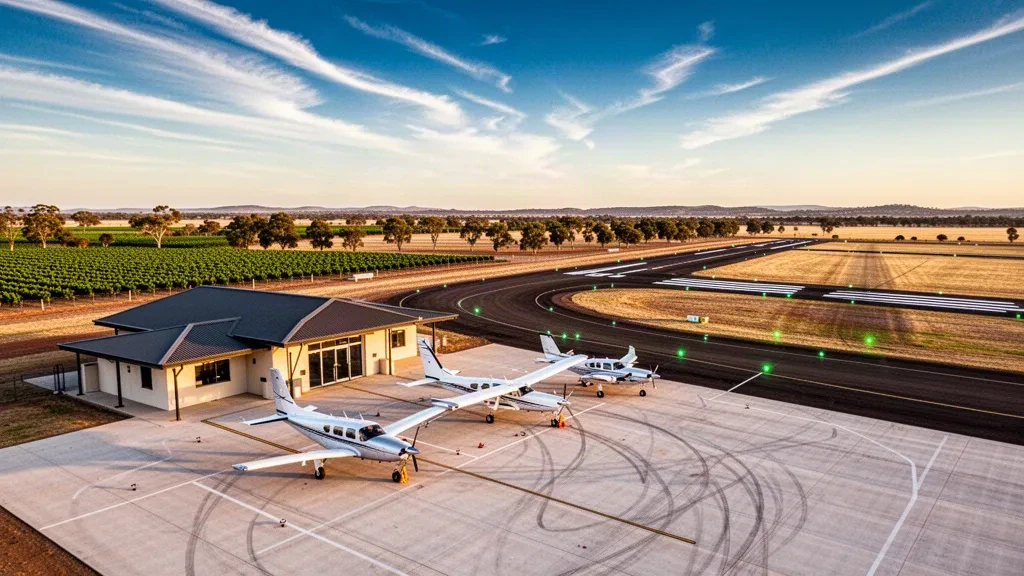 Low-set regional terminal and light aircraft on the apron at Renmark Airport, South Australia, framed by Riverland vineyards in warm afternoon light.