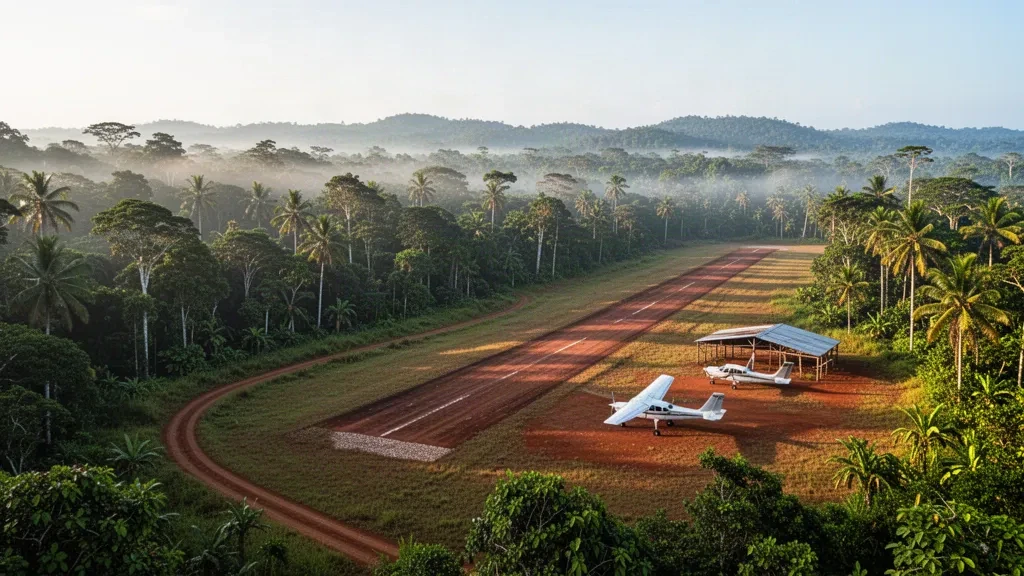 Kleines Propellerflugzeug auf der Laterit-Startbahn am Flughafen Rumginae in Papua-Neuguinea, umrahmt von dichtem Tieflandregenwald bei Sonnenaufgang