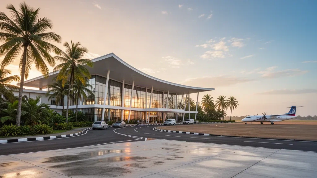 Moderne Glasfassade des Terminals am Colombo Ratmalana International Airport mit Palmen, geschwungenem Vordach und warmem Licht zur goldenen Stunde