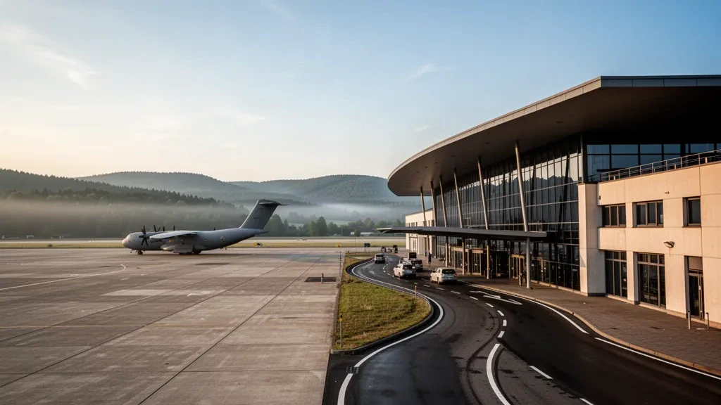 Modern passenger terminal and aircraft apron at Ramstein Air Base in Germany, photographed at dawn with forested hills behind