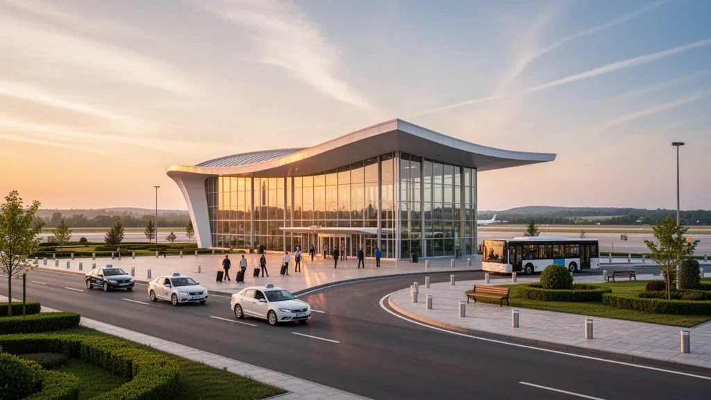 Exterior moderno de terminal de vidrio y carril de descenso en el Aeropuerto Internacional de Chișinău brillando bajo la cálida luz de la hora dorada