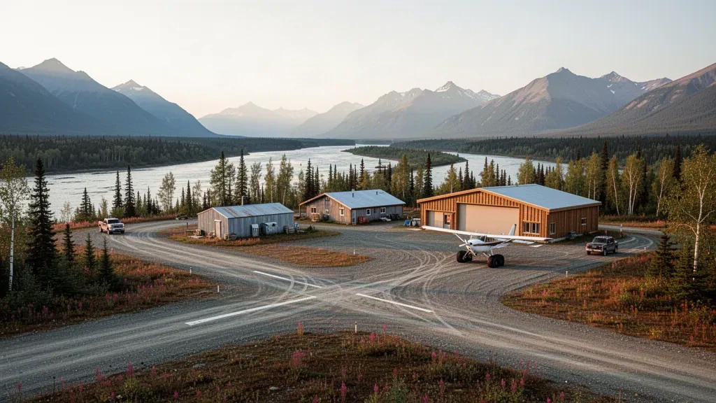 Pista in ghiaia e piccoli hangar nel remoto aeroporto di Rampart in Alaska, con un aereo da bush e la valle del fiume Yukon sullo sfondo