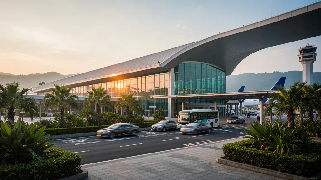 Exterior moderno del terminal de vidrio curvo del Aeropuerto Internacional de Taichung durante la hora dorada, con vías de acceso bordeadas de palmeras y colinas al fondo.