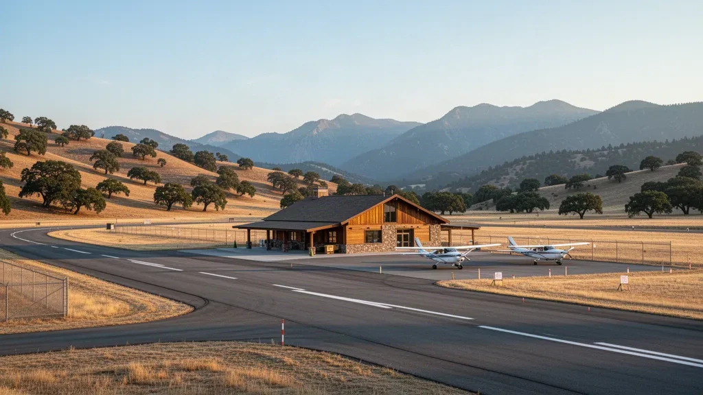 Kleinflugzeug auf dem Vorfeld des Mariposa Yosemite Airport, eines ländlichen Flugplatzes im Vorgebirge der kalifornischen Sierra Nevada zur goldenen Stunde
