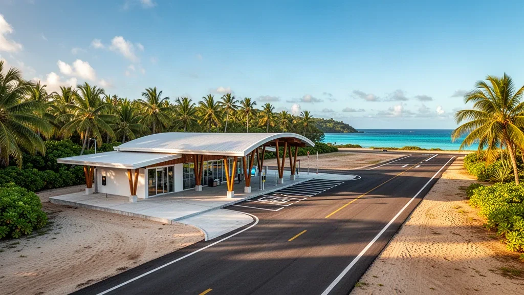 Terminal und Startbahn des Flughafens Rimatara in Französisch-Polynesien mit tropischen Palmen und klarem Südpazifik-Himmel
