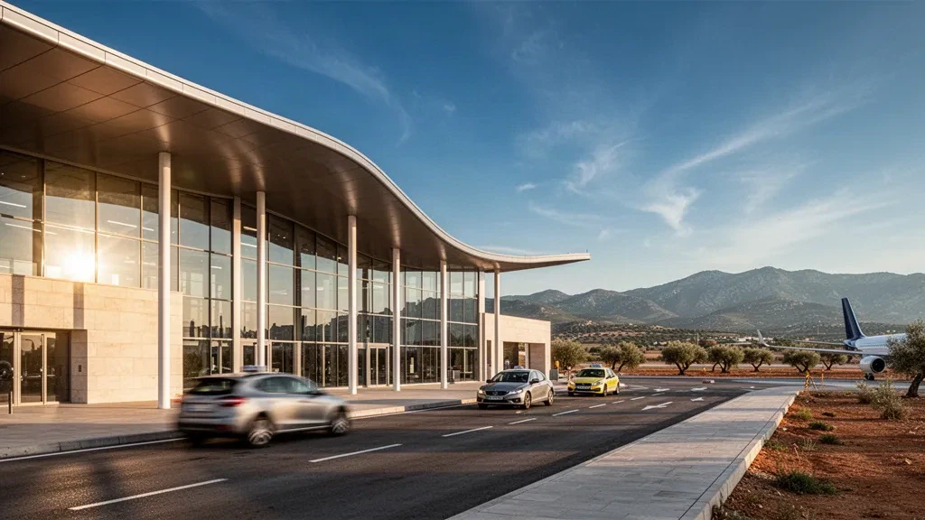 Modern glass terminal exterior of Region of Murcia International Airport at golden hour with open sky and forecourt space