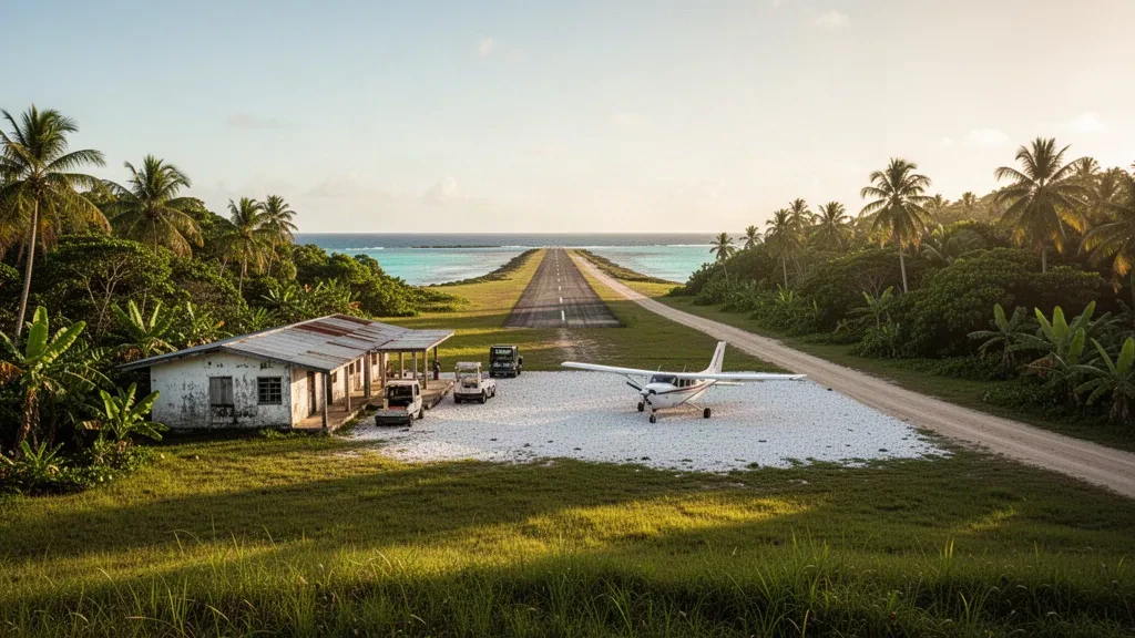 Tropical grass airstrip and small terminal at Ulawa Airport in the Solomon Islands, framed by palm trees under a clear Pacific sky