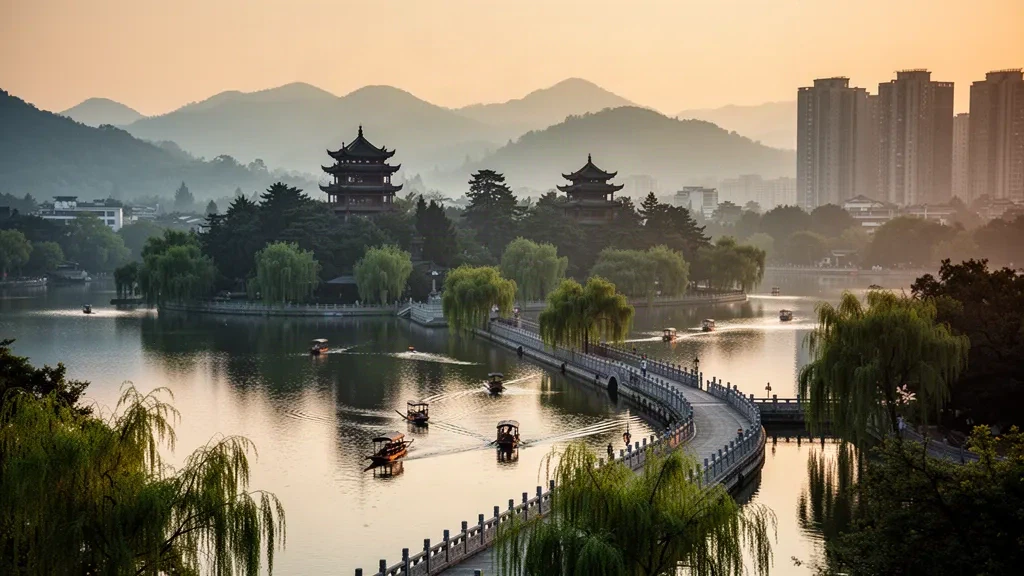 Vue à l'heure dorée sur le lac de l'Ouest à Hangzhou, Zhejiang, avec une chaussée bordée de saules, des barques en bois, une pagode au bord du lac et des collines brumeuses