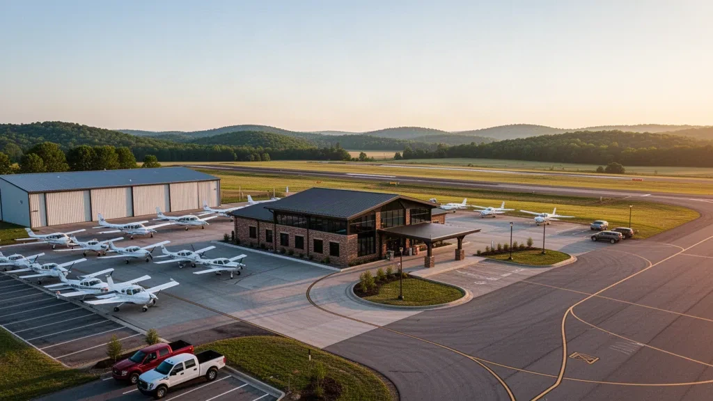 Warren County, Tennessee'de küçük bir genel havacılık havaalanı terminalinin, hafif uçakların bulunduğu apronun ve hangarların altın saatlerdeki görünümü