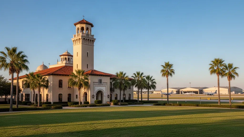 Vista durante la hora dorada del icónico edificio administrativo del Taj Mahal en la Base de la Fuerza Aérea Randolph, con su torre de estilo colonial español y el campo de aviación circundante.