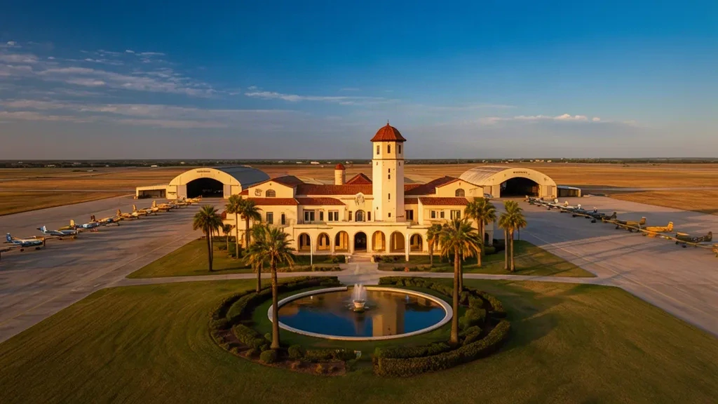 Edificio administrativo de estilo colonial español revivalista y campo de aviación en la Base de la Fuerza Aérea Randolph, cerca de San Antonio